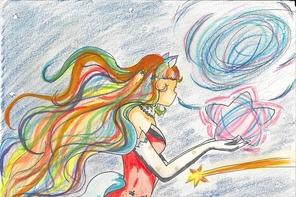 eine Frau mit Katzenohren und bunten, langen Haaren