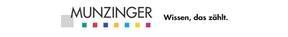 Logo in schwarzen Großbuchstaben MUNZINGER darunter kleine bunte Quadrate und der Slogan "Wissen, das zählt."