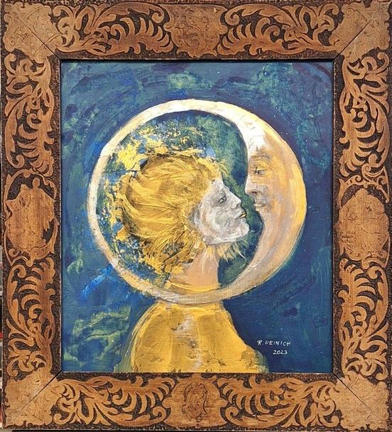 Die Acrylmalerei heisst "Sonne im Mond" und zeigt die personifizierte Sonne und den Halbmond