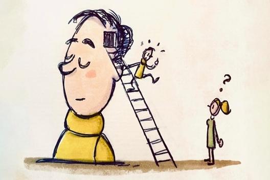 e auf einem Cartoon ist ein Männchen zu sehen, das auf einer Leiter aus einem menschlichen Kopf steigt.