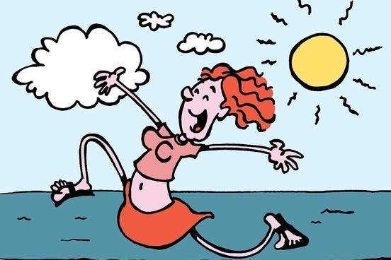 der Cartoon einer rothaarigen Frau, die fröhlich über einen Strand läuft