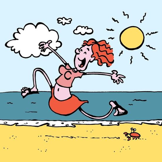 der Cartoon einer rothaarigen Frau, die fröhlich über einen Strand läuft