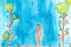 ein Mädchen mit einem Messer steht zwischen zwei Bäumen