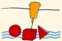 die Zeichnung eines 3 -Druckers: eine zylindrische Düse on irange schwebt über einem roten Würfel. Zu beiden Seiten des Würfels liegen eine rote Kugel und ein pyramidenartiges ObjekteriDanebsteht aufDse in orgnage 